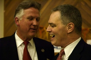 PHOTO CAPTION Larry Phillips and Ross Hunter talking after debate. May 5, 2009.
